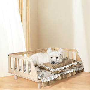 Wooden Pet <b>Bed</b> Rectangle Natural Wood Color With Fence <b>For</b> Dog Floor Use - Product Image 1