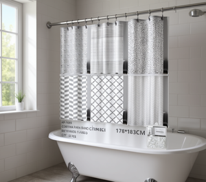 Geometric Pattern Bathroom <b>Curtain</b> 178x183cm <b>With</b> Plastic <b>Hooks</b> Antibacterial Lightweight Quick Drying - Product Image 2