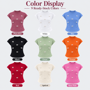Maglione Corto Estivo da Donna con Fiocco di Perle Coreano, Maniche Corte, Arricciatura Laterale, Orlo Curvo, Vestibilità Slim, Lavorato a <span class=keywords><strong>Maglia</strong></span> - OEM/ODM All'ingrosso - Product Image 3