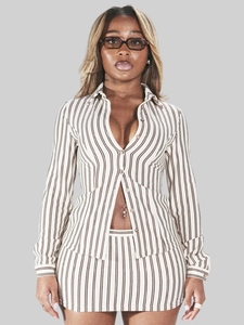 Ghh10923-2025 thời trang mới tương phản sọc dài tay ve áo hip ôm váy ngắn hai mảnh - Product Image 2