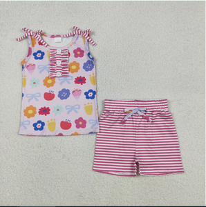 Conjunto de ropa de verano para niñas GSSO2830 con flores coloridas y pantalones cortos a rayas - Product Image 4