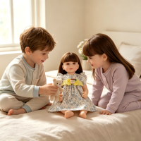Poupée réaliste reborn de 22 pouces avec corps entièrement en vinyle, cheveux longs bruns, robe florale, visage en silicone, jouet pour enfants, cadeau pour filles