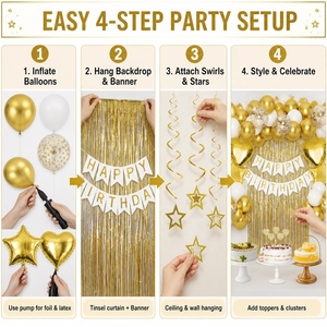 Decorazioni di Lusso per Feste di Compleanno, Striscione 'Buon Compleanno' e Palloncini a Forma di Cuore e Stella in Alluminio, Set di Palloncini in Lattice Cromati Oro e Bianchi - Product Image 2