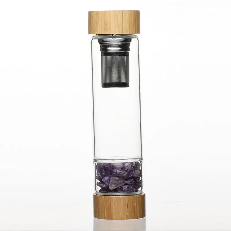 Porte-bouteille de vin en verre cristal bouteille d'eau en verre rose couvercle en bambou bouteille d'eau à double paroi globe à neige