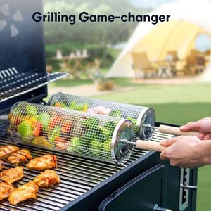 Cesta cilíndrica de malla de alambre de acero inoxidable para asar, portátil, para camping al aire libre, parrilla giratoria para barbacoa - Product Image 4