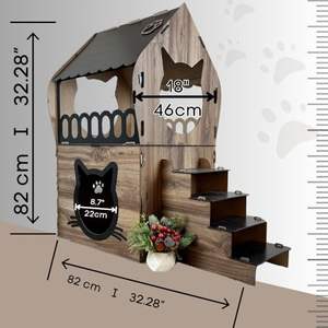 2 Chats Spacieux Deux étages Assemblage Facile Noyer Maison de Chat en Bois pour Petits Chiens, Lapins - Product Image 3