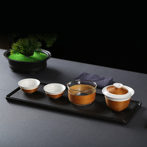 Handmade Bamboo Weaving Travel Tea Set Ceramic Gaiwan Portable <b>Teacup</b> One Teapot Two Cups For Outdoor Travel - Product Image 4