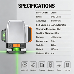 Niveau laser professionnel 3D 8 lignes à lumière verte LD, haute précision ±1mm/7m, auto-nivelant pour la construction intérieure et <span class=keywords><strong>extérieure</strong></span> - Product Image 6