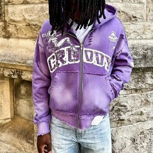 Sweat-shirts à capuche surdimensionnés unisexes personnalisés de haute qualité en coton 100% French Terry 400 g/m², imprimés, effet vieilli, bords bruts, patchwork, fermeture éclair - Product Image 1