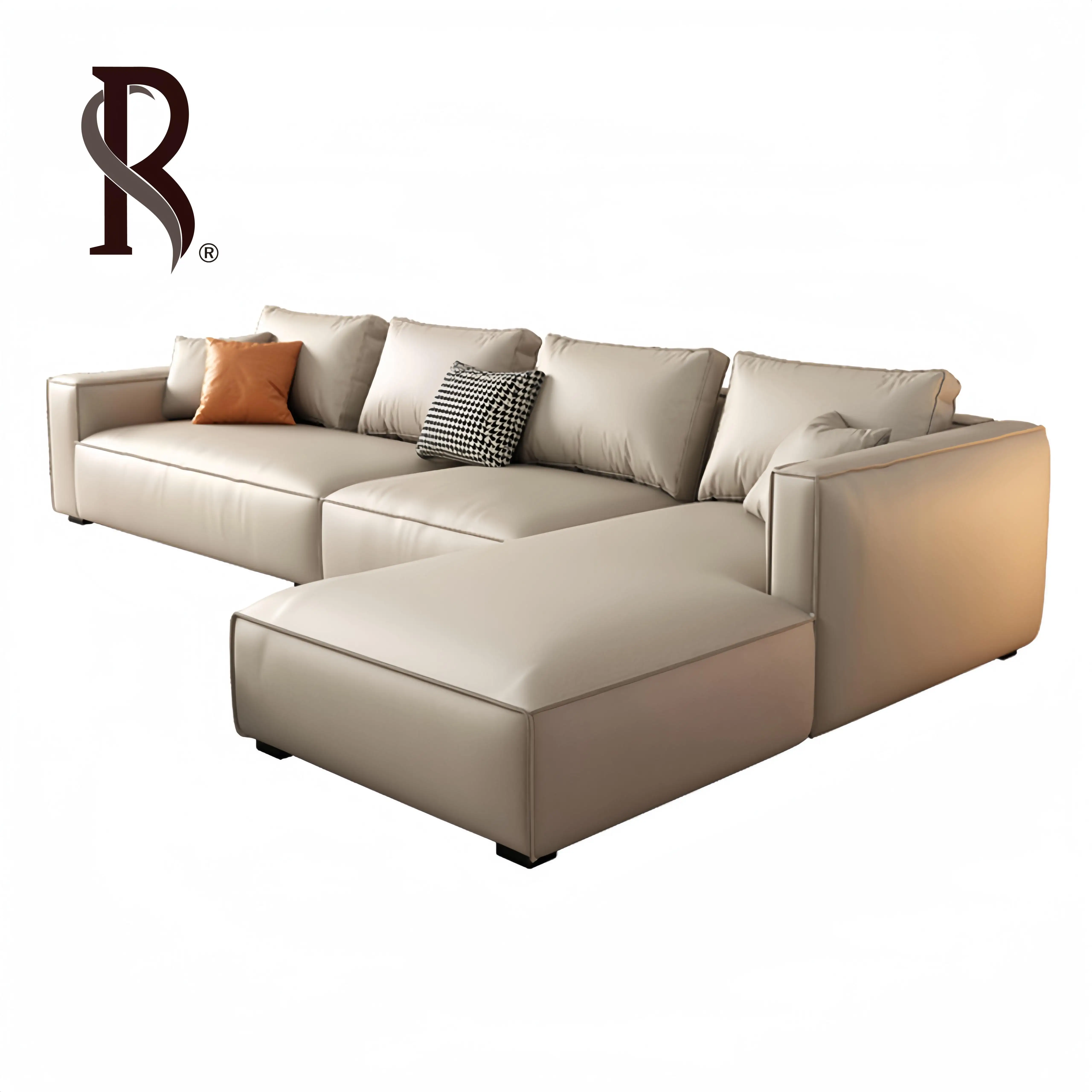 Sofá de cuero con llave de Piano de lujo de alta calidad de estilo italiano ascendente, sofá minimalista de princesa Villa, sofá ligero Seccional de esquina plana grande