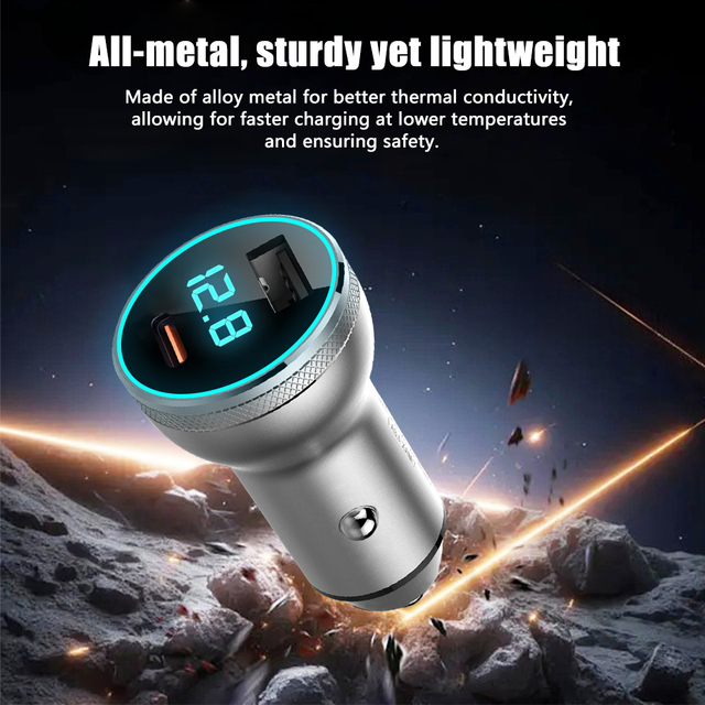 60W Fast Charging Charger with Threaded All-Metal Body, USB C 30W USB a 30W, LCD Display LED Light for iPhone 16/17 Series