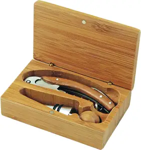 Wine Bottle Opener 2 Piece Bamboo Corkscrew Opener and Bottle Stopper Accessory Set Wooden Gift Box