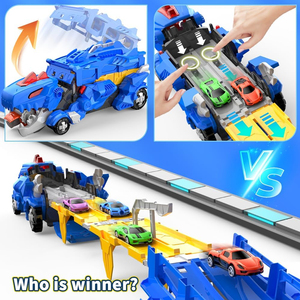 Circuit de course pour voitures dinosaures pour enfants, transformable en camion monstre, avec 2 voitures jouets en alliage moulé sous pression à friction - Product Image 3
