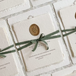 Handmade Deckled Edge Wedding Invitation Card With Gold <b>Wax</b> <b>Seal</b> And Green Ribbon Elegant Offset Printing RSVP - Product Image 1