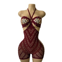 Tenue de performance sexy à col licou orné de strass, moulante, pour soirée de carnaval, danseuse exotique et strip-teaseuse