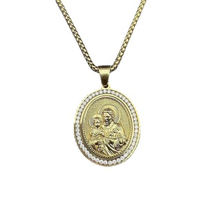 Yunnique – collier avec pendentif religieux en acier inoxydable, plaqué or, zircon, charme ovale Jésus et enfant, bijoux à la mode Hip Hop, cadeau - Product Image 5