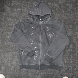 Men's Gray Rhinestone Hooded Zip-Up Sweatshirt Oversized Casual Autumn Wear 100% Cotton Vintage Washed Hoodie for Men - Product Image 2