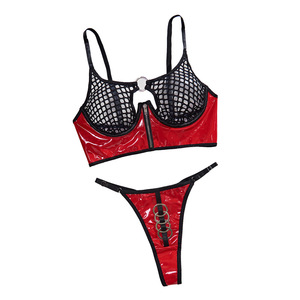 Ensemble <span class=keywords><strong>sexy</strong></span> deux pièces pour femmes, creux, tissé, contrôle ferme, maille, cuir PU, serti de cercles en acier, soutien-gorge élégant, collection de sous-vêtements - Product Image 5