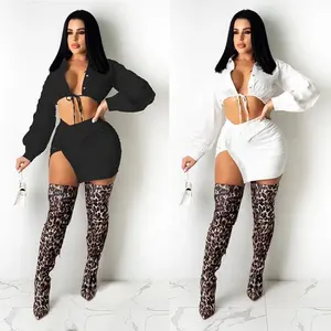 Grosir cropped cardigan gaun-LW Hot 2021 Wanita 2 Sepotong Pakaian Zipper Lengan Panjang Irregular Cardigan Tanaman Top Kemeja Set Gaun 2 Buah Dua Sepotong Set Rok
