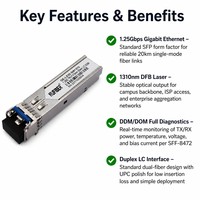 Transceptor de Fibra Óptica SFP de 1.25G Compatible con Cisco, 1310nm, Modo Único, Conector SC, 20KM, DDM, para Uso en Centros de Datos y Telecomunicaciones