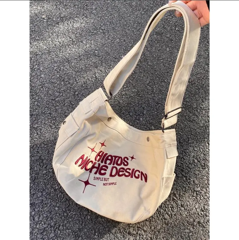 Embroider Japanese Women's New Canvas One Shoulder Fashion Tote Bag Oblique Span Tote Students Commute To Class Fashion Tote Bag