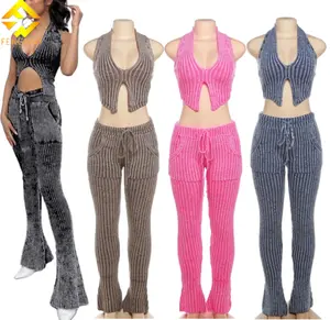 2024 Women Clothes Set Knitted Striped Sweater Set Deep V-neck Crop Tank Matching Flare Pants Backless High Waist Bell Pants Set