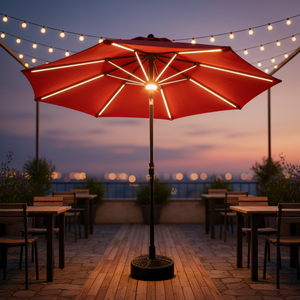 Sombrilla de Patio Redonda de 2.7m con Poste Central, Iluminación Solar LED y Varillas LED, con Manivela, <span class=keywords><strong>para</strong></span> <span class=keywords><strong>Terraza</strong></span>, Bistro o Comedor - Product Image 3