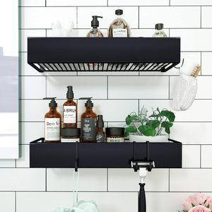 Bathroom Storage Rack 60X70cm Wall Mounted Black 2 Tier Durable Self Adhesive Shelf For Bathroom Organization - Product Image 1