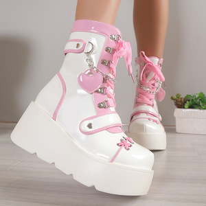 Ladies Cute <b>Heart</b> Decor Short Boots <b>Sweet</b> Pink Style Height Increasing Thick Sole Lace Up Fashion Motorcycle Boots - Product Image 2