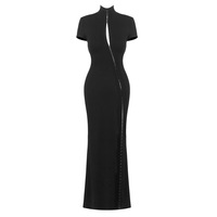 Robe longue noire style chinois pour femme, fente haute, col montant, sans manches, moulante, robe de soirée, vente en gros