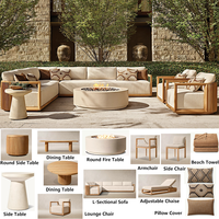 Ensemble de mobilier d'extérieur de luxe moderne haut de gamme en bois massif avec table brasero, chaise de salle à manger, chaise d'appoint, chaise longue réglable et canapé d'angle en L