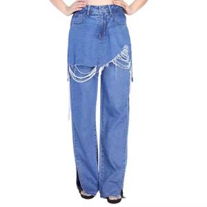 Jeans Baggy de Verano de Alta Calidad, Doble Capa, Diseño Patchwork, Estilo Desgastado, Corte Recto para Mujer - Product Image 1