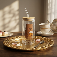 Gobelet en verre borosilicate avec couvercle en bambou, imprimé mignon de dessin animé ours brun et panda, réutilisable pour le bubble tea et le café glacé