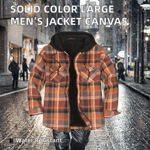 Chaqueta de Franela a Cuadros para Hombre con Capucha, Cierre de Cremallera, Forro de Piel Sintética, Manga Larga, Abrigo Casual de Otoño con Logotipo Frontal de Algodón - Product Image 2
