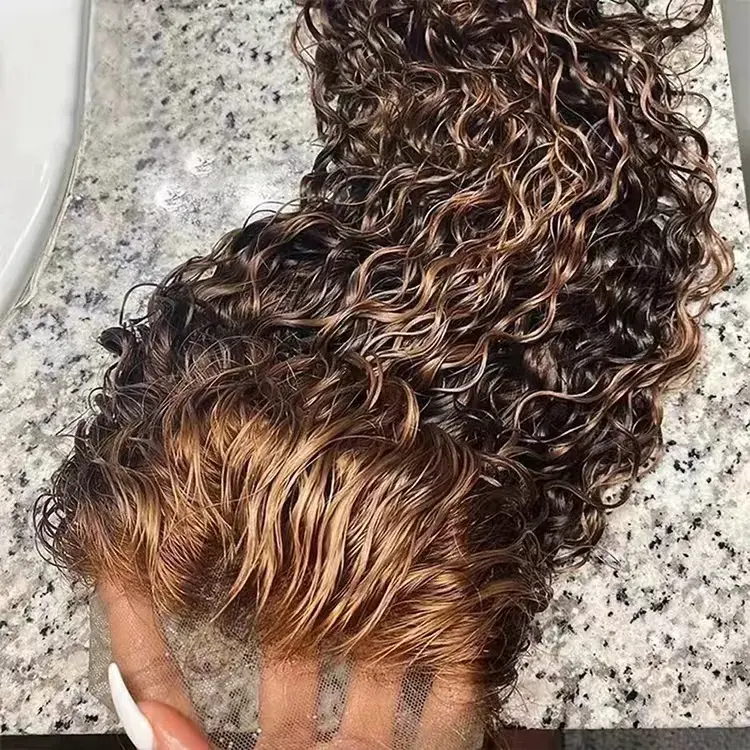 Perruque Lace Frontal wig transparente 13x4, perruque à reflets brun Deep Curly pre-plucked, perruques de cheveux humains couleur Piano blond miel
