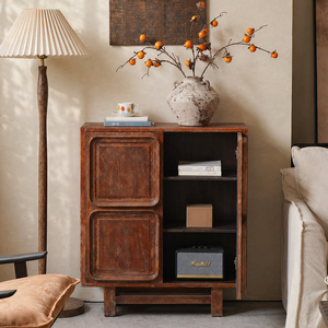 Buffet en bois massif de style Wabi-Sabi moderne, meuble de rangement carré unique pour la salle à manger - Product Image 5
