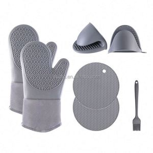 Heat Resistant 7PCS Set <b>Silicone</b> Oven Mitts Mini Pinch Mitts Hot Pads Potholders Trivet Mats Basting Brush for <b>Baking</b> Cooking - Product Image 1