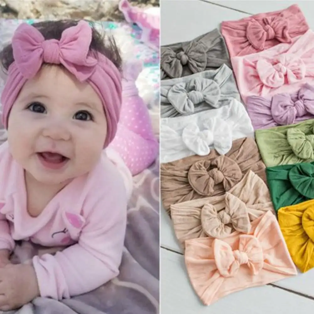 Bando katun elastis untuk bayi perempuan, ikat kepala warna polos, bando rambut simpul kupu-kupu untuk anak bayi baru lahir