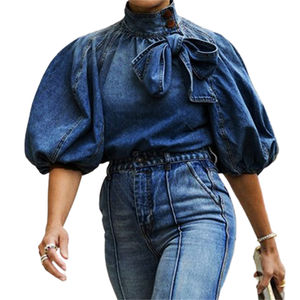 Camicette da donna Sexy in <span class=keywords><strong>Denim</strong></span> da donna alla moda a collo alto con maniche a sbuffo abiti autunnali da donna - Product Image 1