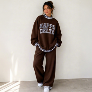 Custom Logo Color Women's Fall Two-Piece Set <b>Mock</b> <b>Neck</b> Long Sleeve Knit <b>Tops</b> with Wide Leg for Lounge Pants for Casual Wear - Product Image 1