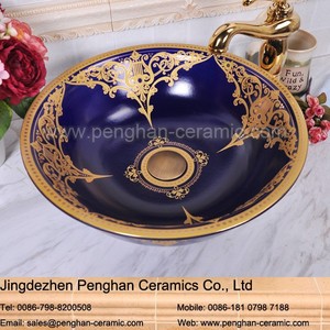 Jingdezhen elegante nuovo Design porcellana sanitari bagno ceramica arte lavabo blu scuro e oro <span class=keywords><strong>piccolo</strong></span> lavabo a mano - Product Image 5