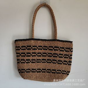 Bolso de hombro de ganchillo de un solo hilo para mujer, bolso de punto de playa antirrafia a rayas horizontales, bolso de paja delantero de poliéster informal - Product Image 5