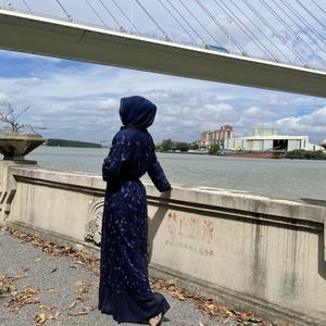 1711# Modest Navy Open Abaya With <b>Sequins</b> Long Sleeve Chiffon Cardigan Islamic Muslim Abayas for Women - Product Image 2