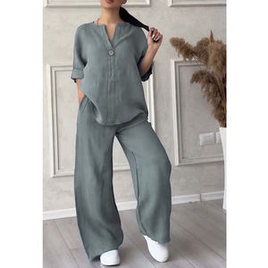 Conjunto de 2 Piezas de Pantalones Anchos Casuales de Color Sólido, de Algodón y Lino, para Mujer - Product Image 5