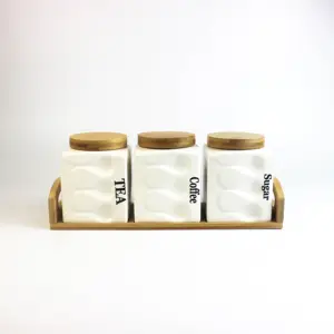 Large Capacity 1L Ceramic Condiment Canister Set with Bamboo Lid & Tray Kitchen Storage Container