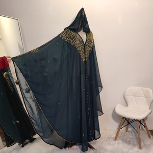 Custom Make Luxury Beaded One Size Abaya <b>Kaftan</b> With Diamond Hoodie Chiffon Solid Color Fabric for Ramadan 6227# - Product Image 4