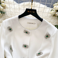 Blusas Casuales de Manga Larga con Cuello Redondo para Mujer, Estilo Otoño, Manga Farol, Camisas Sólidas con Diamantes, Tops de Fiesta para Mujer, Ropa al por Mayor