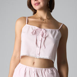 Cross-Border Style High-Waisted Camisole <b>Top</b> Girls Knitted <b>Cropped</b> Lace Striped Tie Bow Collarbone Micro-Elastic New Arrival - Product Image 5