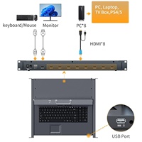 KVM Konsol Rak 1U Arvitek Monitor LCD 15.6 inci 8-Port untuk Kabel Keyboard Touchpad Cocok untuk Kedalaman Rak 23.6-31.5 inci Full HD