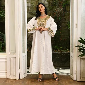 Long sleeve Arabian embroidered lace kaftan dress wholesale muslim dress lace abaya kaftan white
